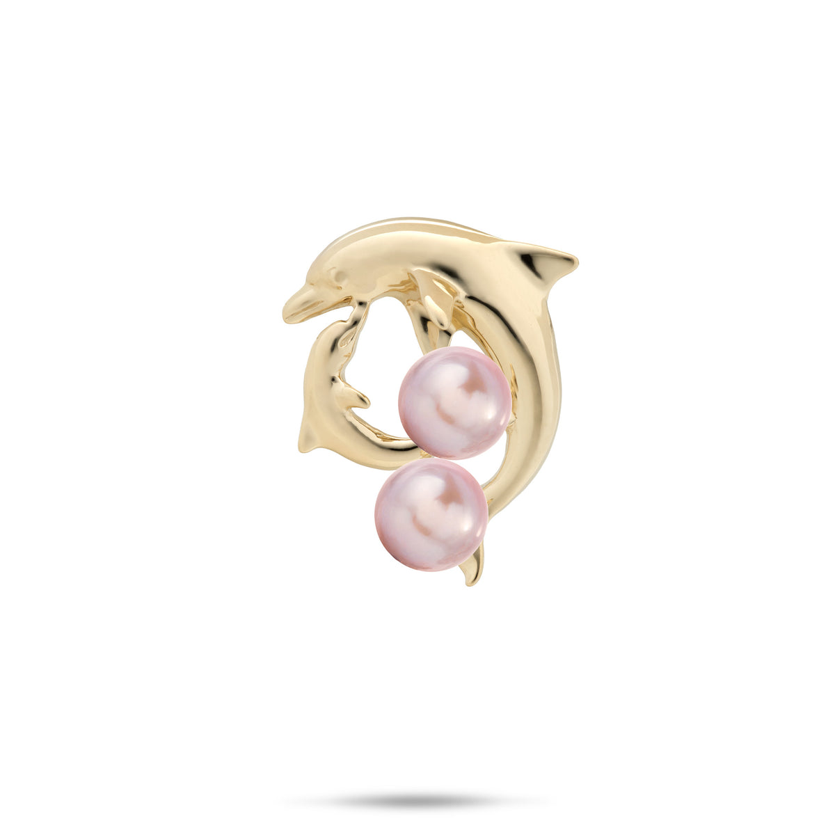 A 14k yellow gold Mother and Baby Dolphin Pendant with two lavender freshwater pearls, shown against a white background with a soft shadow