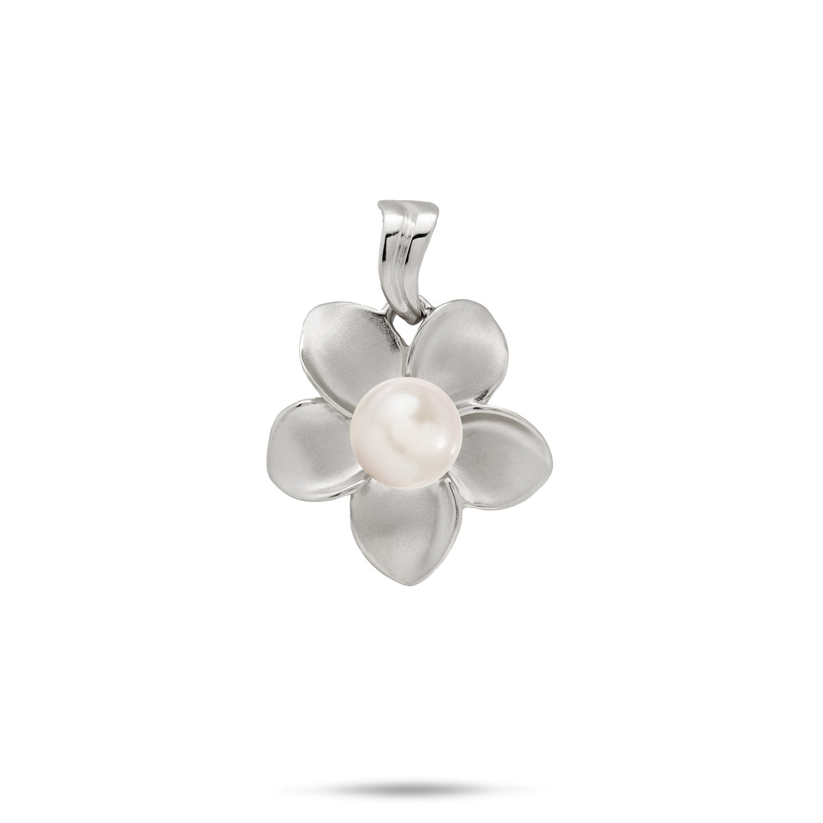 An 18mm 14k white gold plumeria flower pendant with a white freshwater pearl at the center and a high-polish wavy bail, shown on a white background