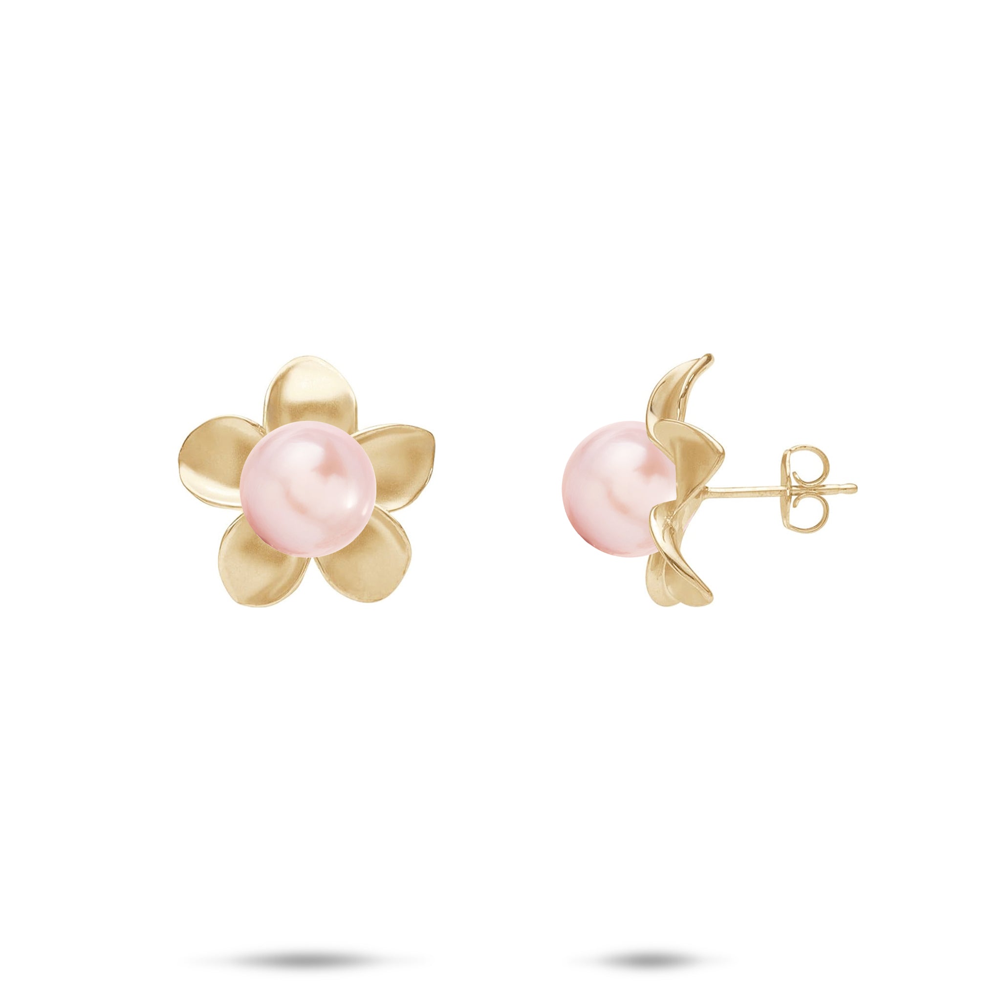 13mm Pick A Pearl Plumeria Earrings in Gold with Pink Pearls on a white background