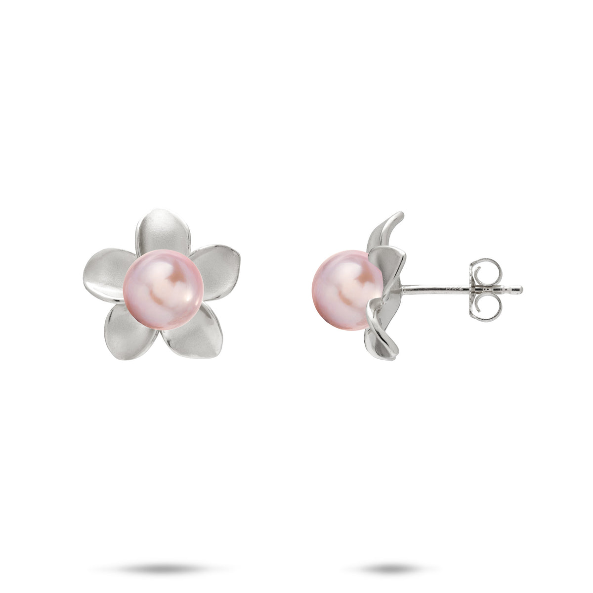 A pair of 14k white gold plumeria flower stud earrings with lavender freshwater pearls, shown with a front and side profile view on a white background