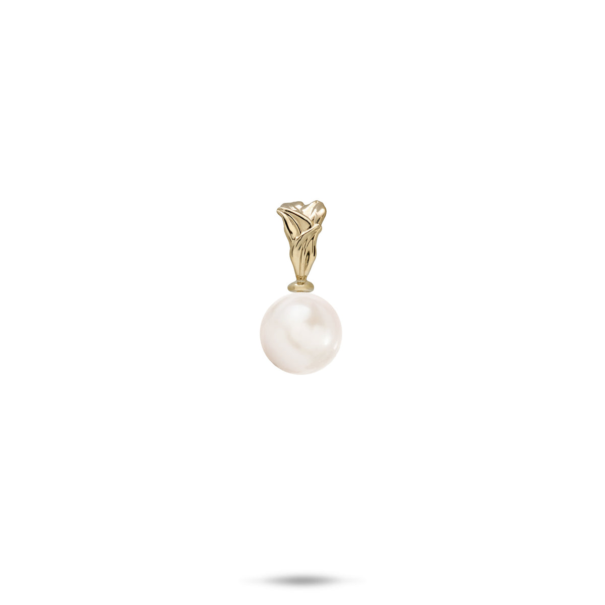 A 14k yellow gold pendant with a woven high-polish maile leaf design and a small white freshwater pearl, against a white background