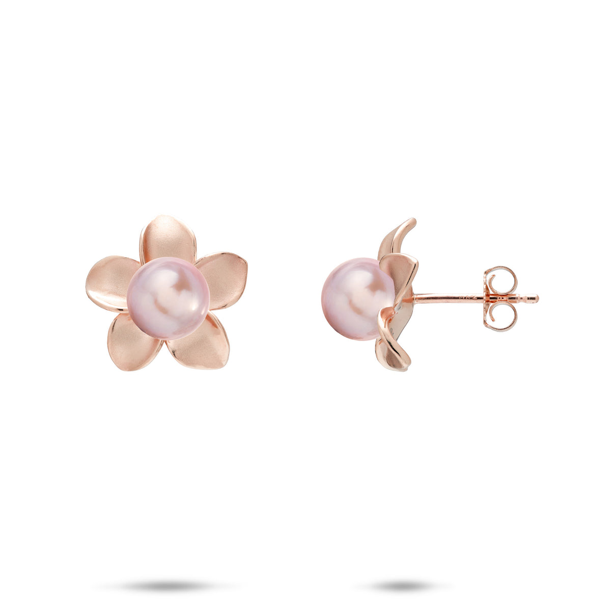 A pair of 14k rose gold plumeria flower stud earrings with a center lavender freshwater pearl, shown with a front and side profile view against a white background