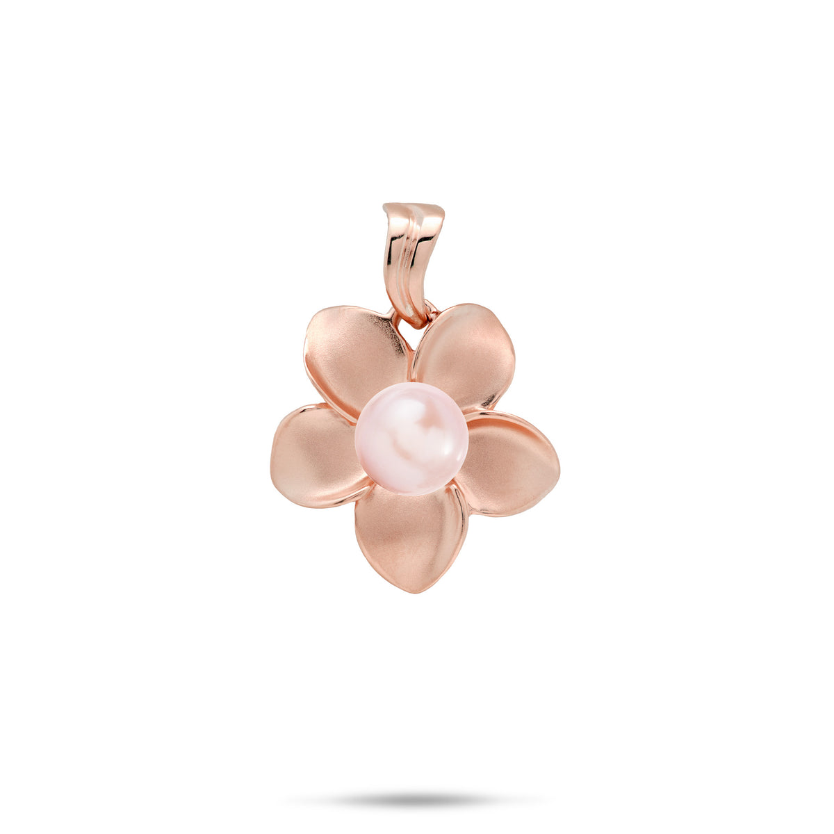An 18mm 14k rose gold plumeria flower pendant with a pink freshwater pearl at the center and a high-polish wavy bail, shown on a white background