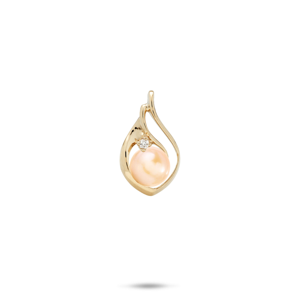 A 14k yellow gold teardrop shape pendant with a curved cut-out design on the right side, diamond accent, and peach freshwater pearl, shown on a white background with a soft shadow