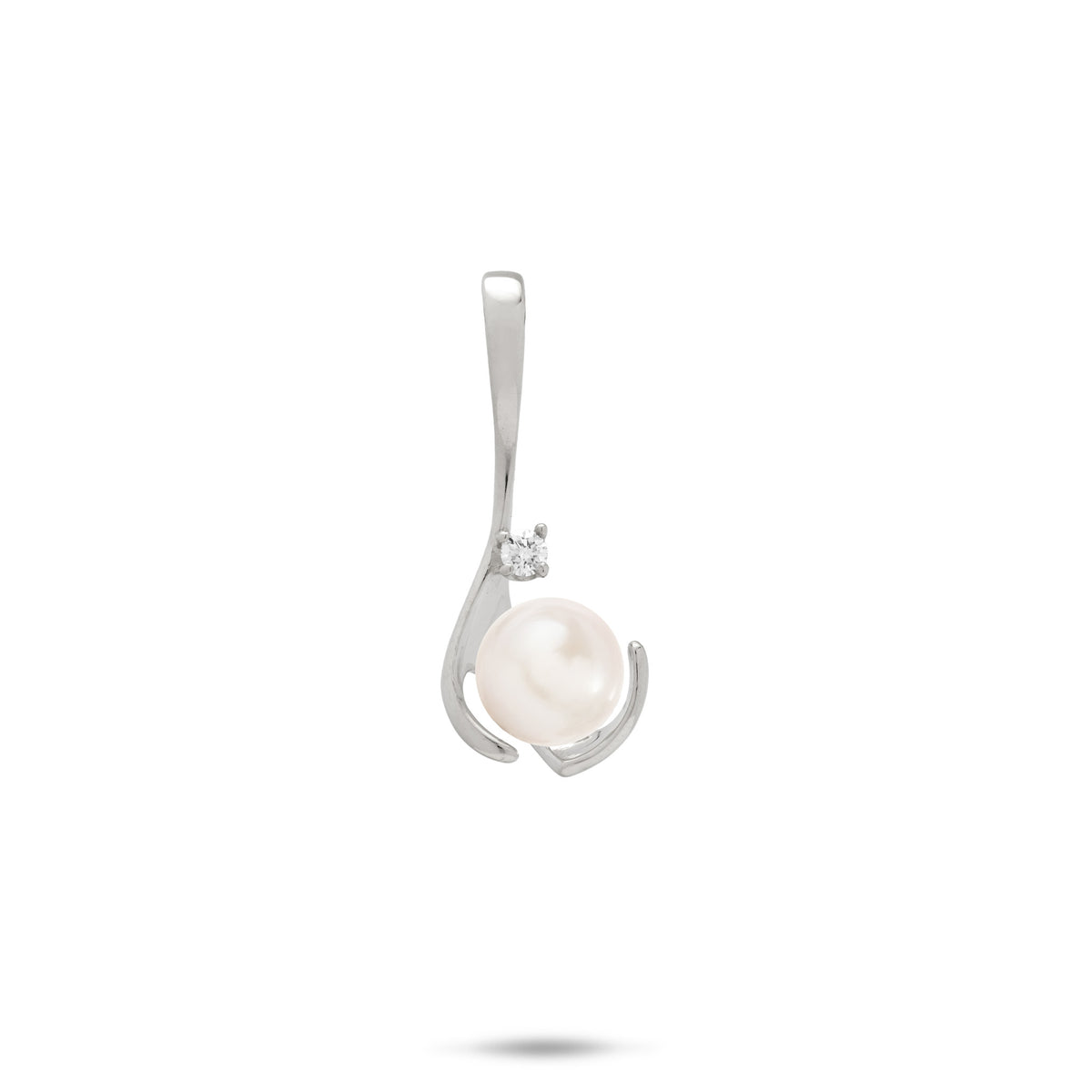 A 14k white gold drop pendant with a diamond and white freshwater pearl, shown on a white background