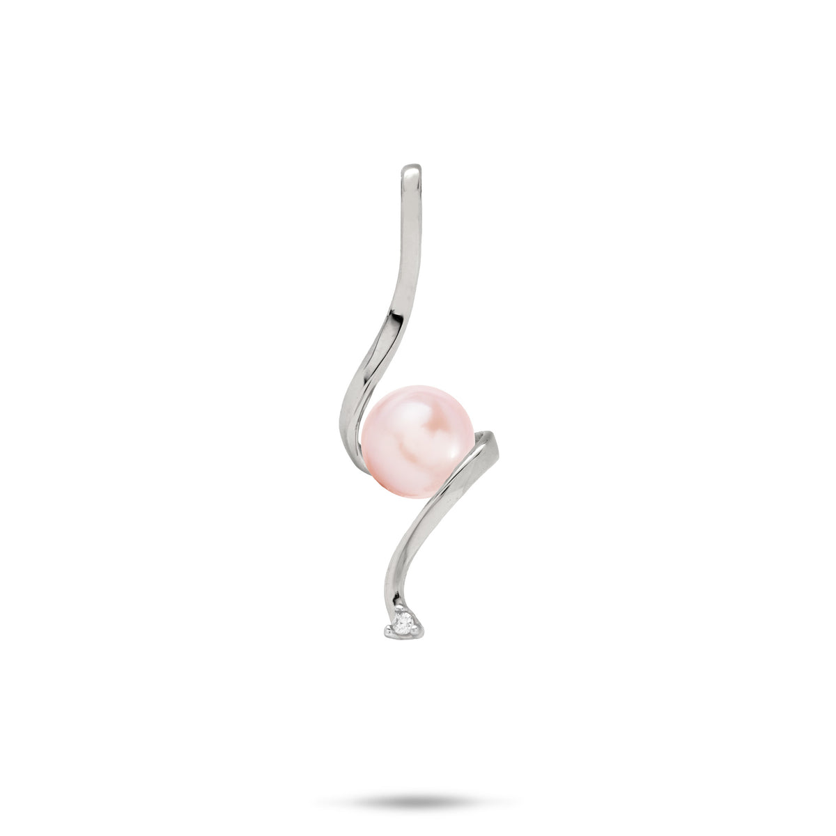 Swirling Waterfall Pendant in high-polish 14k White Gold with a Lavender Freshwater Pearl in the Center and a Diamond at the Bottom against a white background