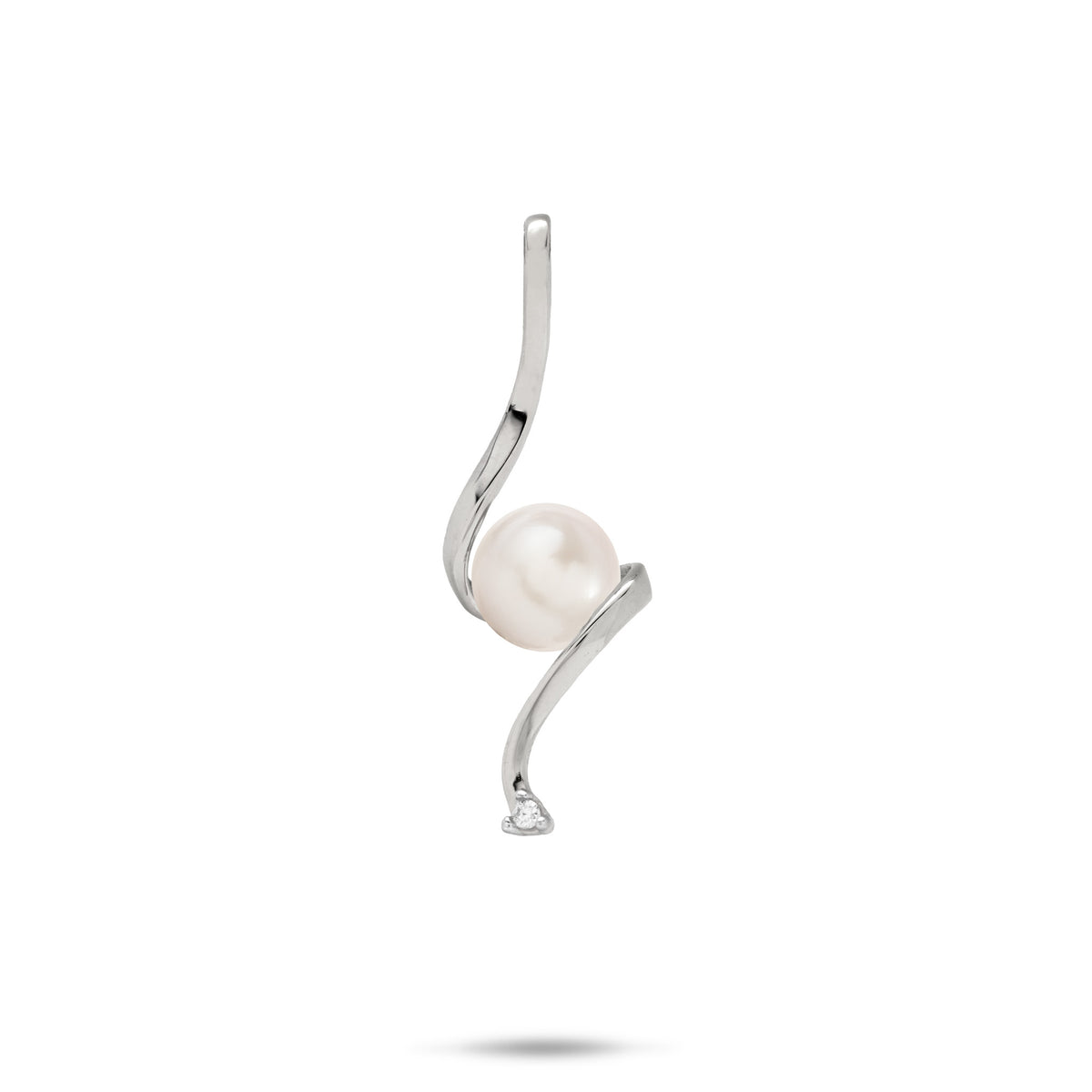 Swirling Waterfall Pendant in high-polish 14k White Gold with a White Freshwater Pearl in the Center and a Diamond at the Bottom against a white background