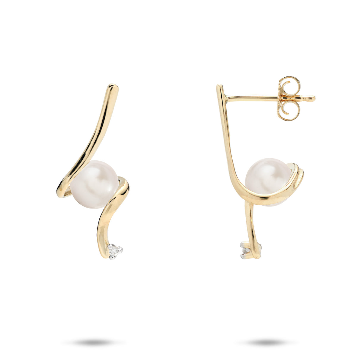 A pair of 14k yellow gold waterfall spiral style stud earrings wrapping a white freshwater pearl and a diamond at the bottom, shown on a white background