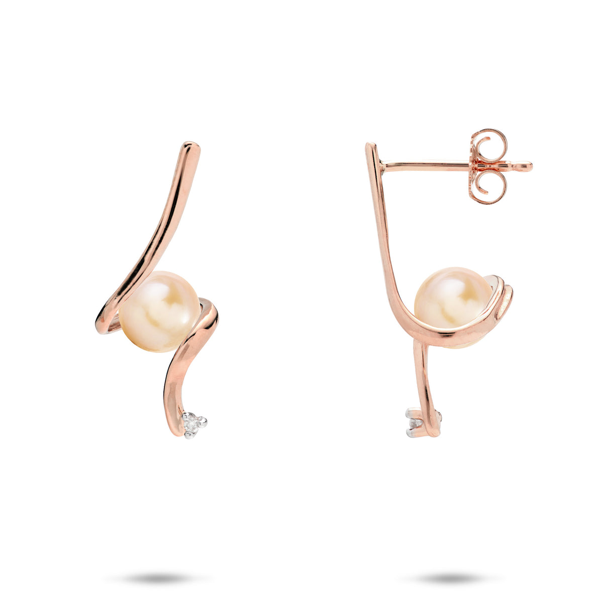 A pair of 14k rose gold waterfall spiral style stud earrings wrapping a peach freshwater pearl and a diamond at the bottom, shown on a white background