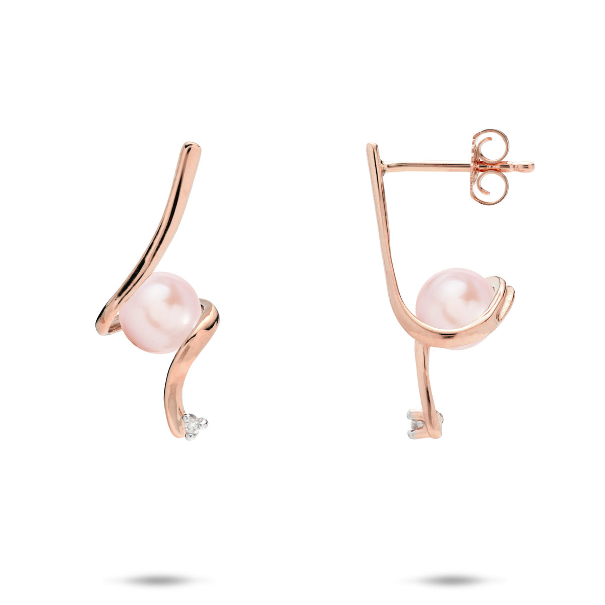A pair of 14k rose gold waterfall spiral style stud earrings wrapping a pink freshwater pearl and a diamond at the bottom, shown on a white background
