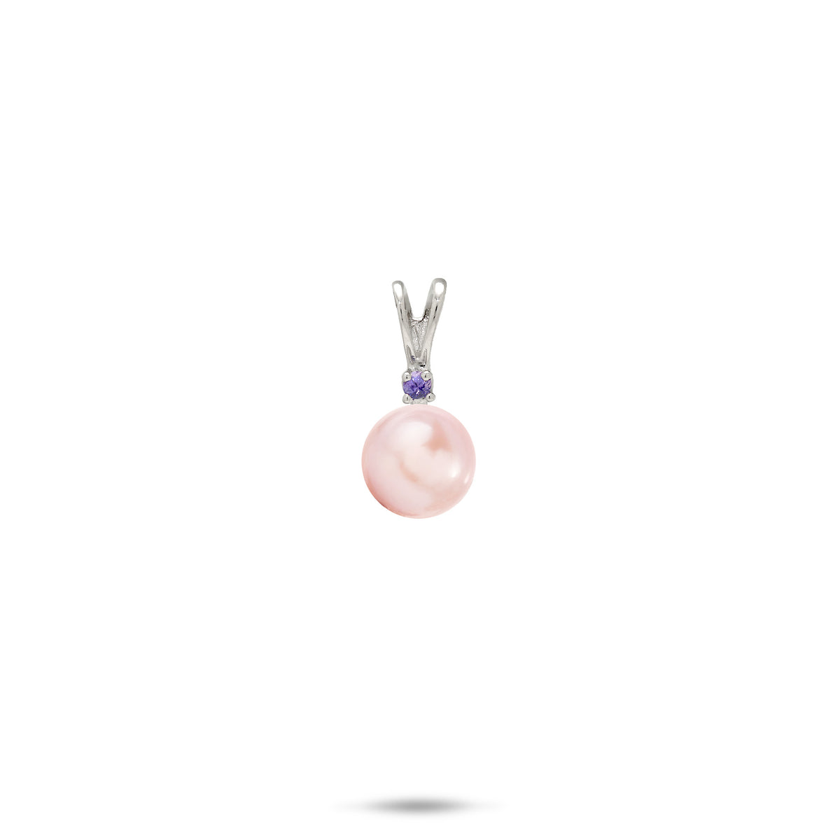 A simple 14k white gold pendant with a V shape bail with a small tanzanite stone and pink freshwater pearl, shown on a white background