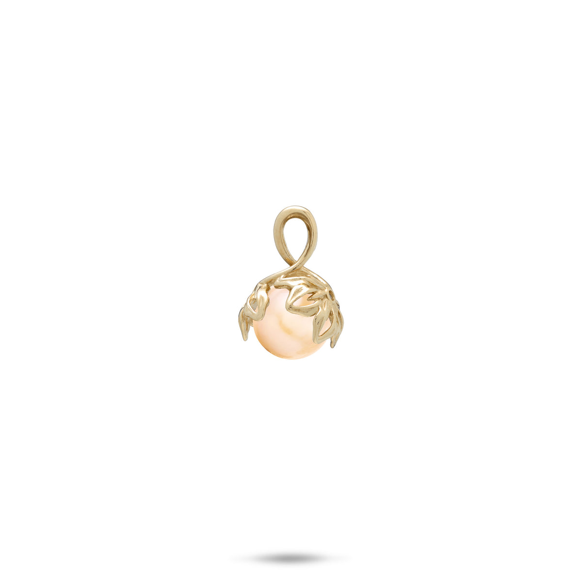 Backside view of a a 14k yellow gold pendant cut-out naupaka flowers and a peach freshwater pearl at the center, shown on a white background