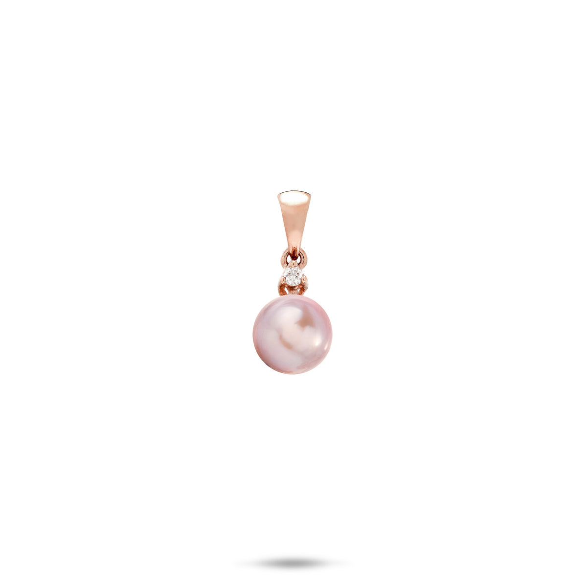 A simple 14k rose gold pendant with a lavender freshwater pearl and diamond above it and a high-polish bail, shown on a white background