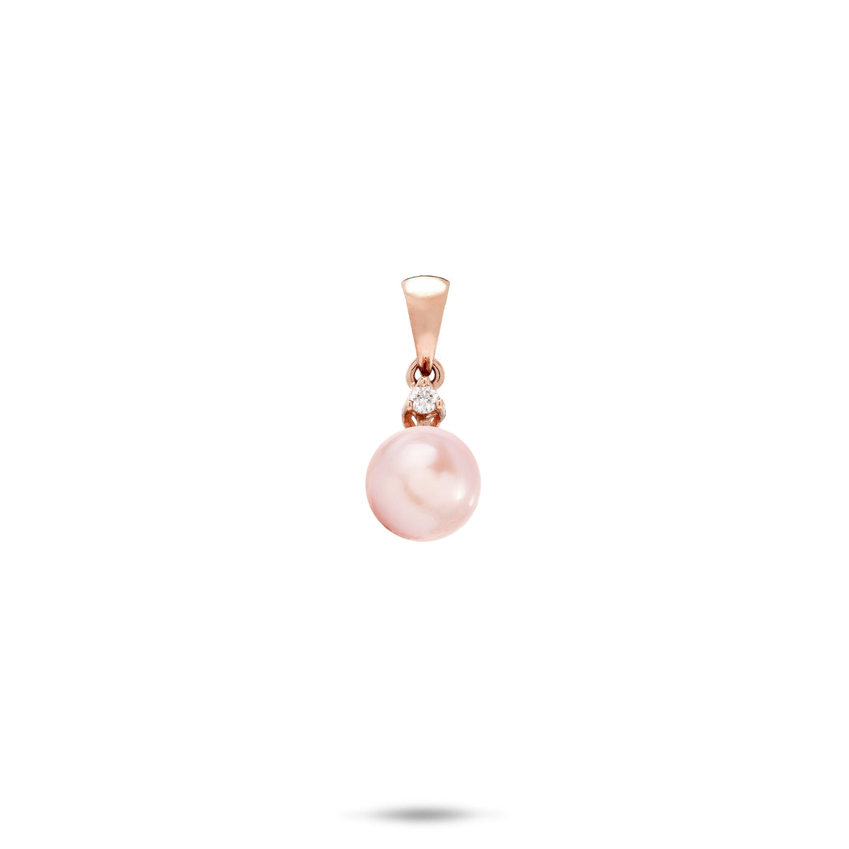 A simple 14k rose gold pendant with a pink freshwater pearl and diamond above it and a high-polish bail, shown on a white background
