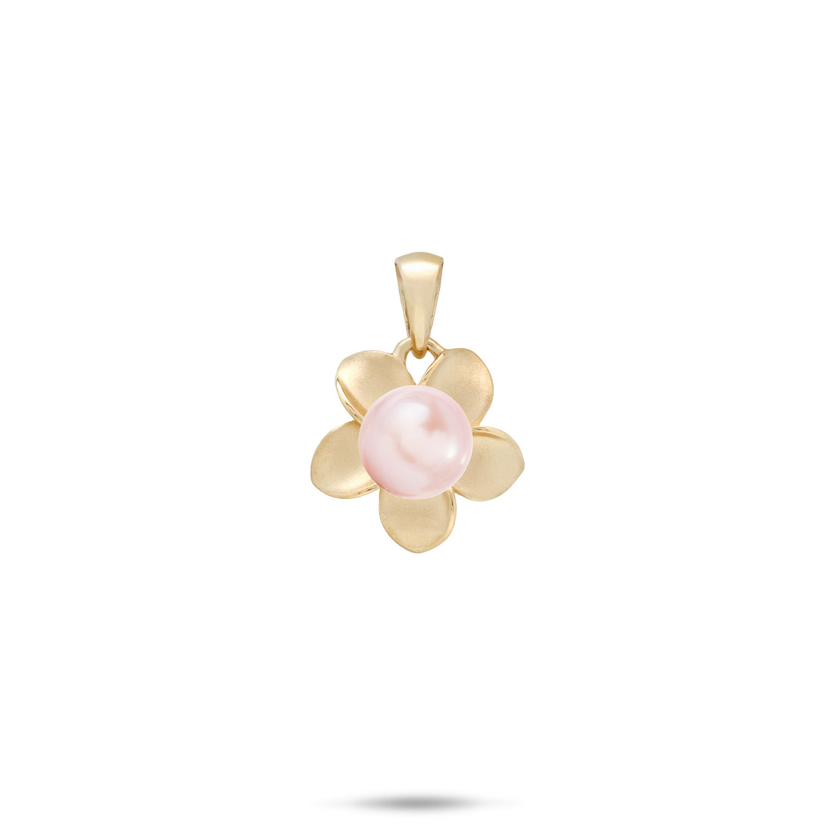 A 13mm Plumeria flower pendant in 14k yellow gold with a pink freshwater pearl at the center, shown on a white background
