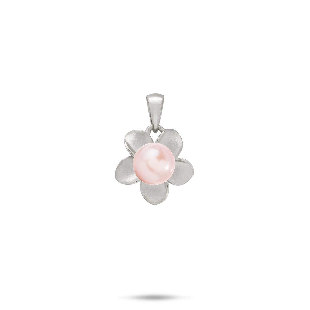 A 13mm 14k white gold plumeria flower pendant with a pink freshwater pearl at the center, shown on a white background