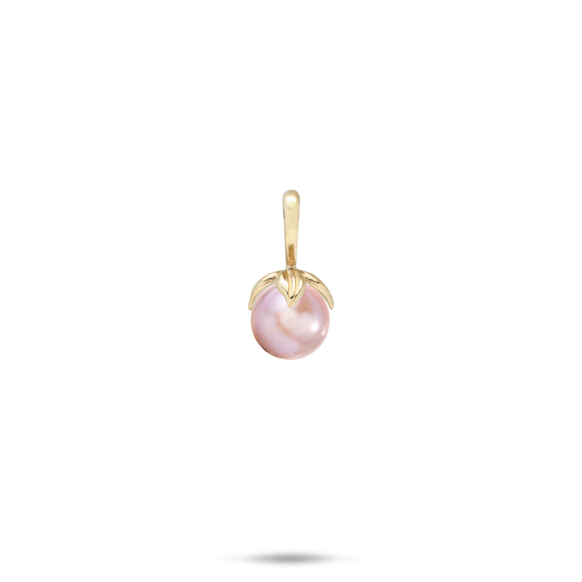 14k Yellow Gold Pendant with a high-polish bail and maile leaves wrapping a lavender freshwater pearl on a white background