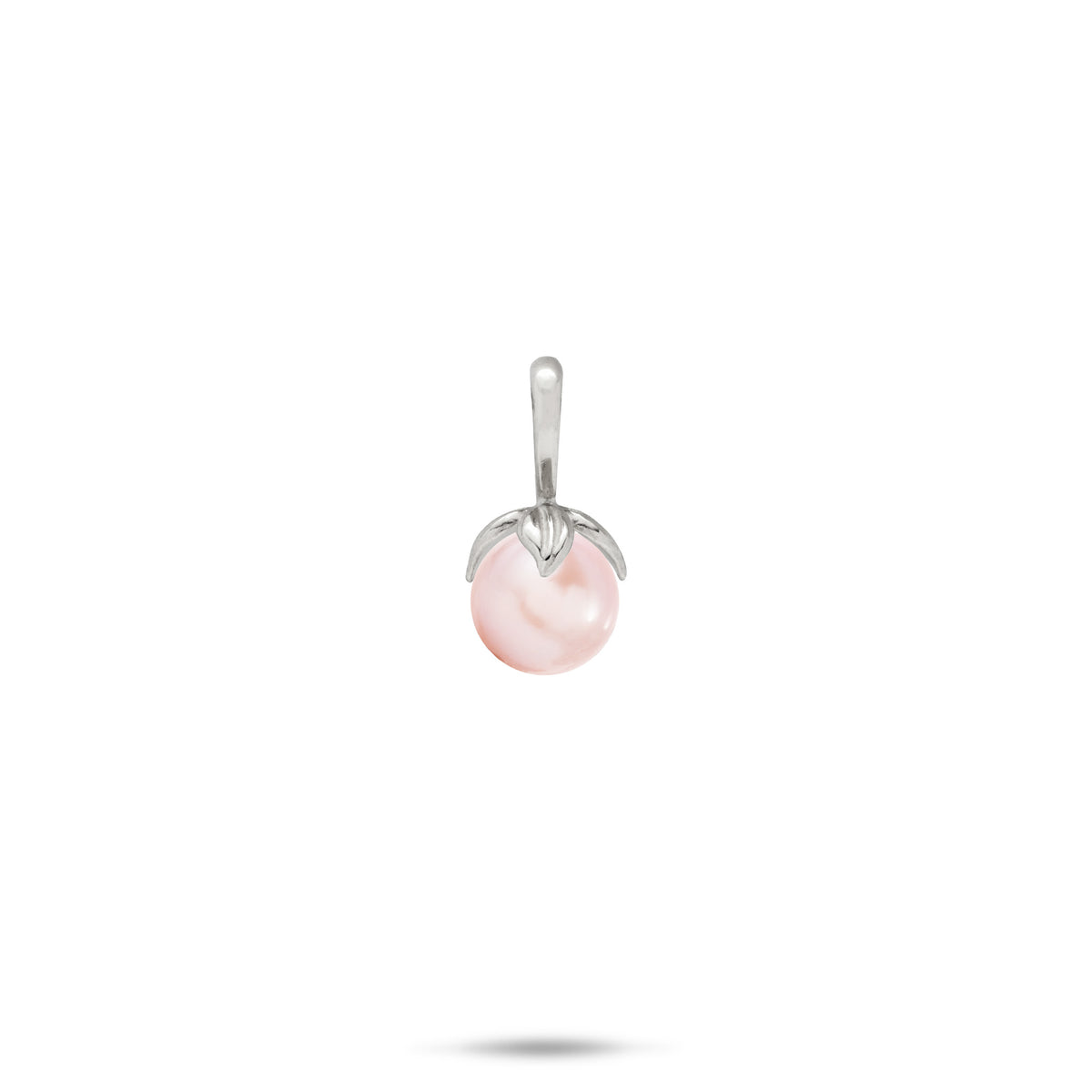 14k White Gold Pendant with a high-polish bail and maile leaves wrapping a pink freshwater pearl on a white background