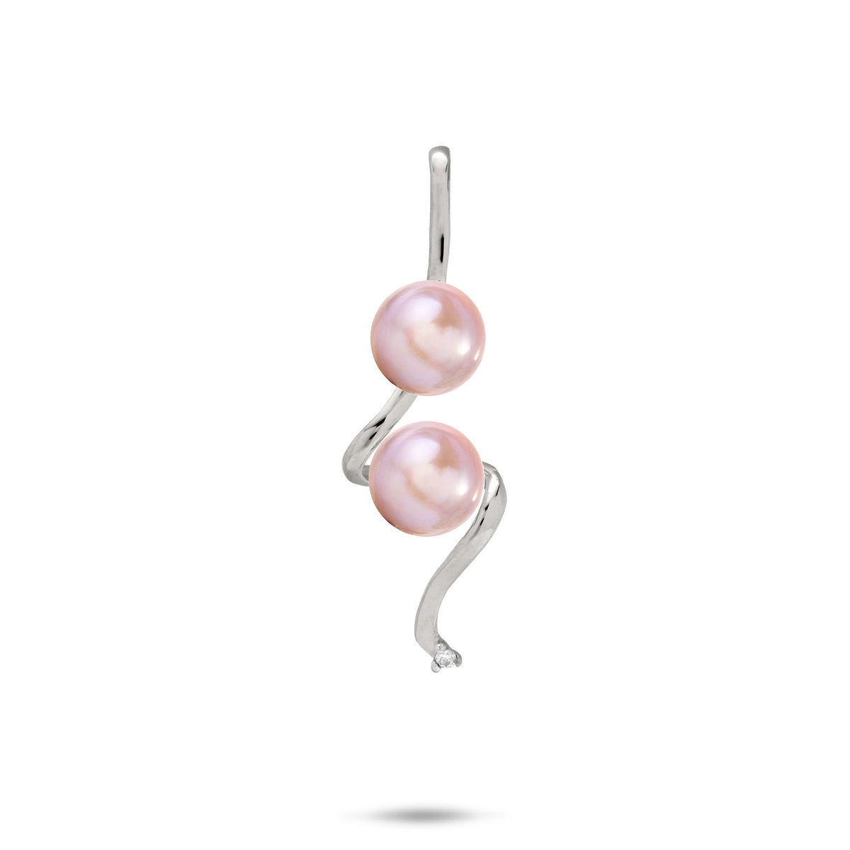 Pick A Pearl Swirling Waterfall Pendant in high-polish 14k White Gold with Diamond and Two Pink Pearls on a white background