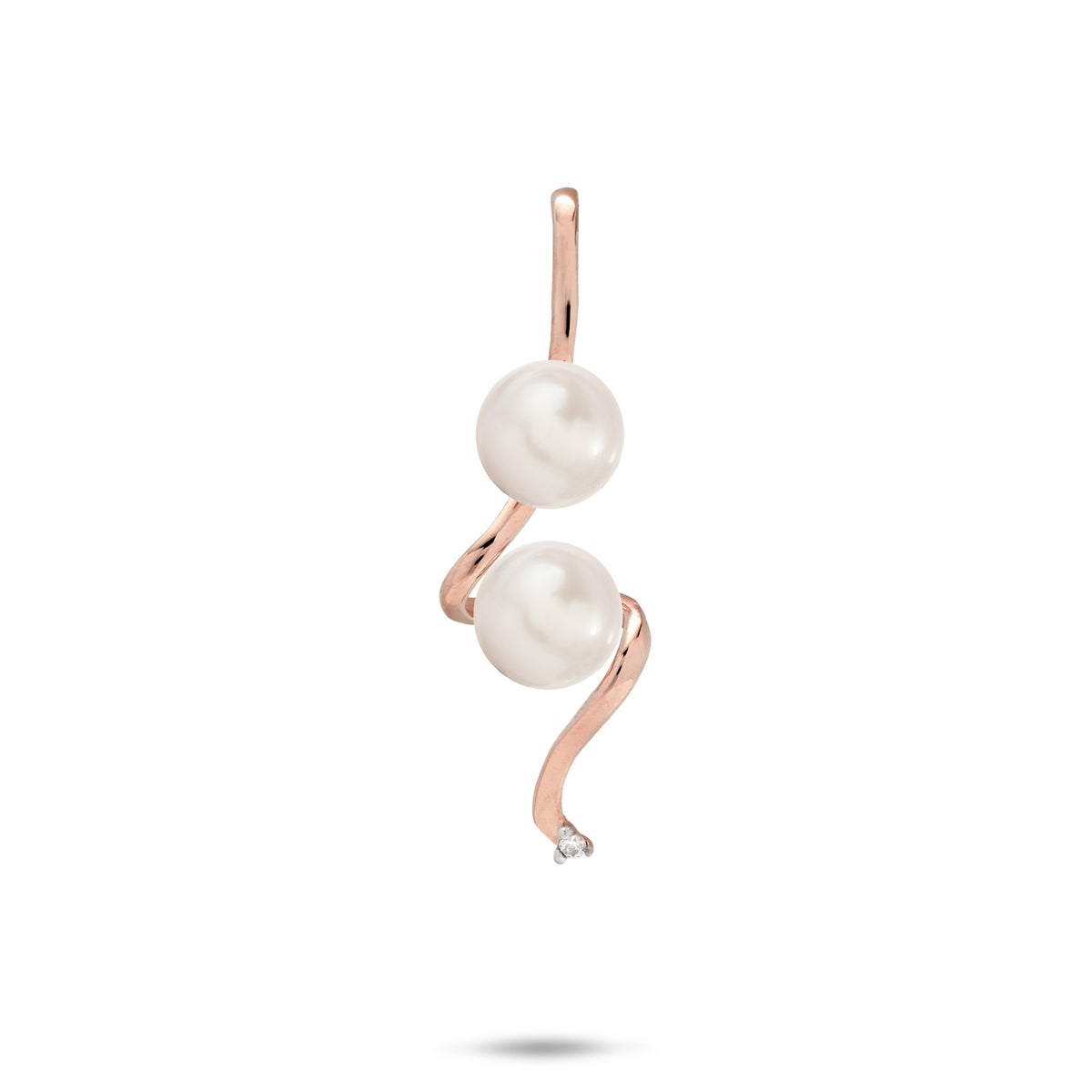 Pick A Pearl Swirling Waterfall Pendant in high-polish 14k Rose Gold with Diamond and Two White Pearls on a white background