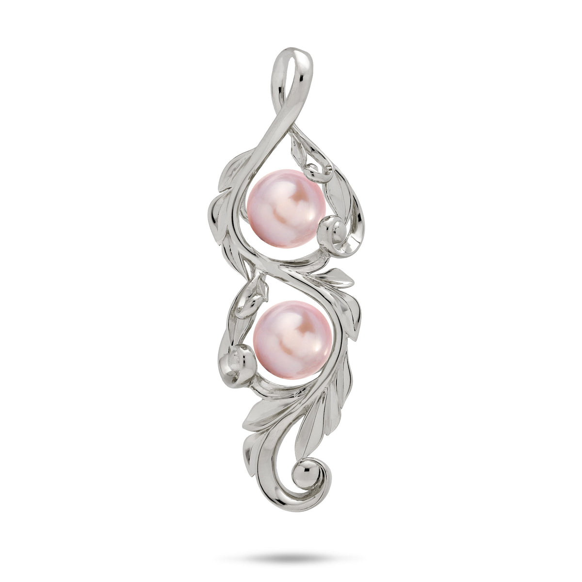 41mm Pick A Pearl Maile Scroll Pendant Mounting in 14k White Gold with Double Lavender Pearls on a white background