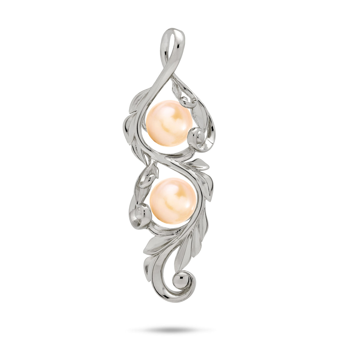 41mm Pick A Pearl Maile Scroll Pendant Mounting in 14k White Gold with Double Peach Pearls on a white background