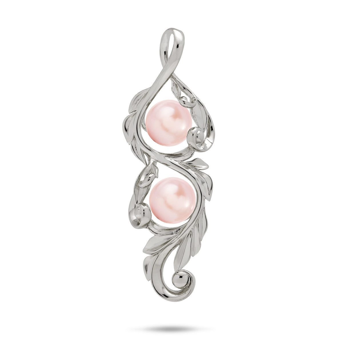 41mm Pick A Pearl Maile Scroll Pendant Mounting in 14k White Gold with Double Pink Pearls on a white background