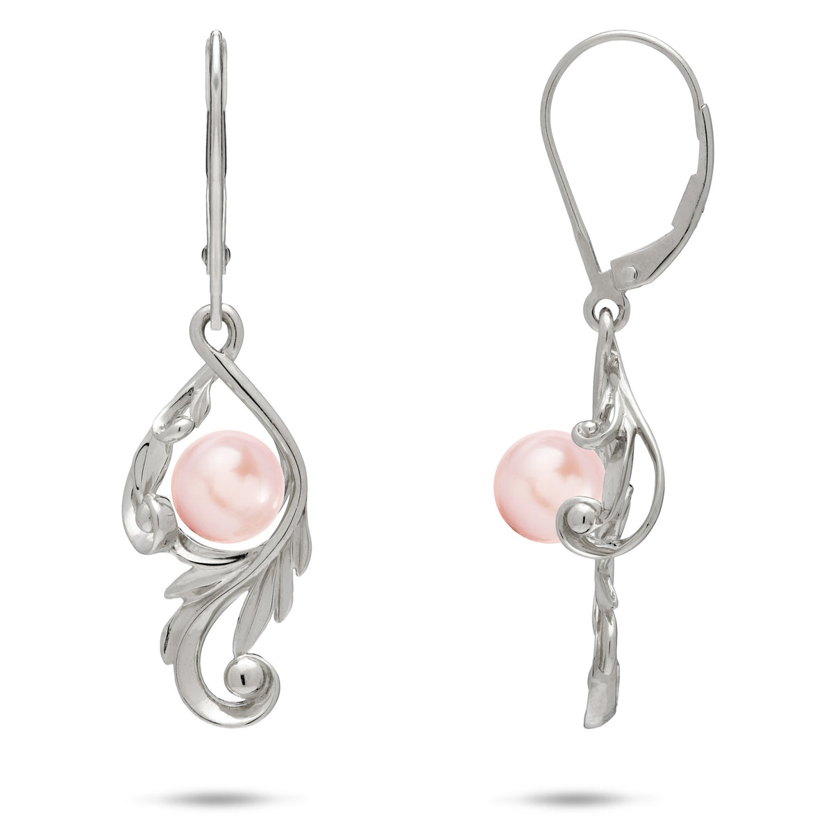 A pair of 14k white gold Living Heirloom Collection Earrings with a pink freshwater pearl and intricate maile leaf and fern scrollwork around it, shown with a front and side view on a white background