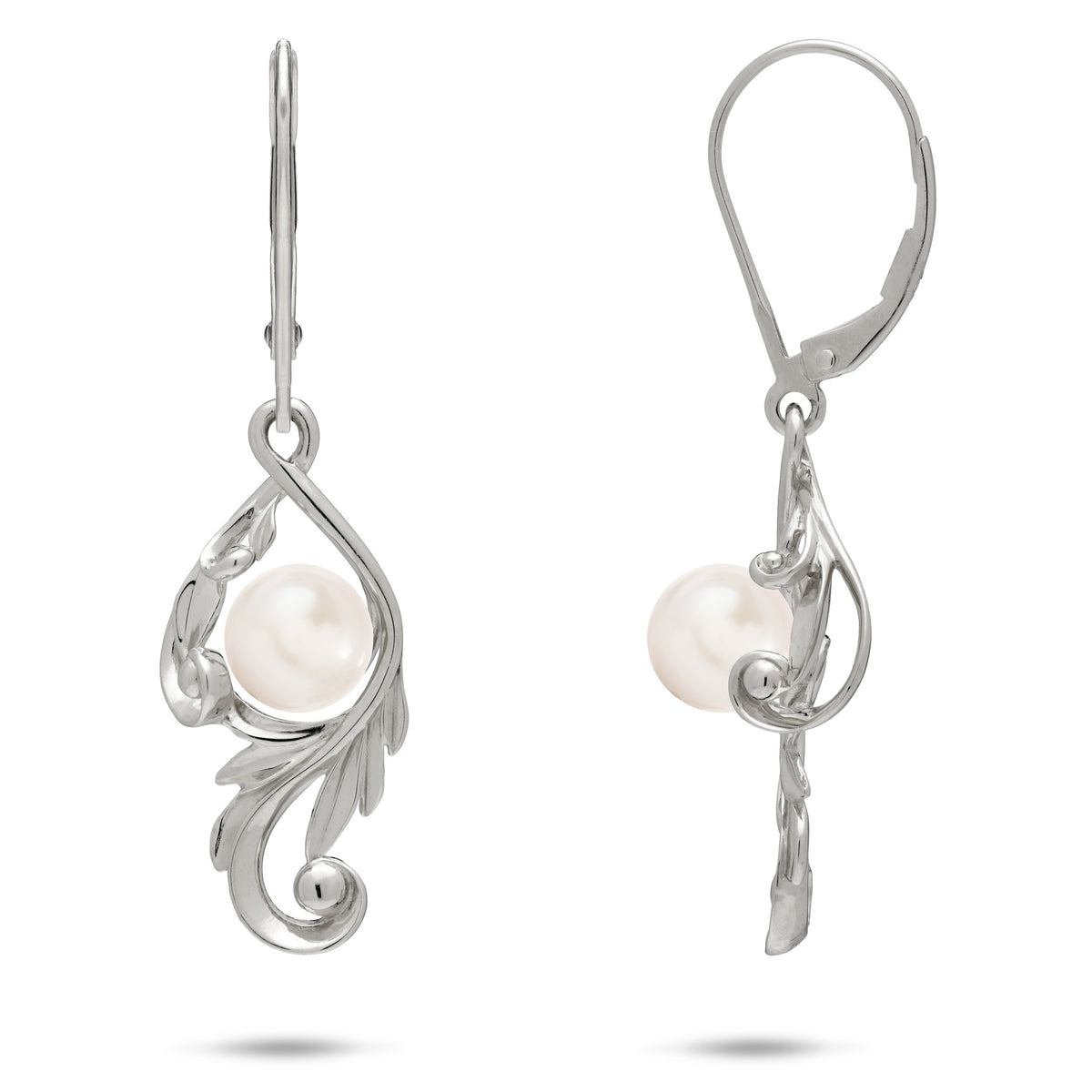 A pair of 14k white gold Living Heirloom Collection Earrings with a white freshwater pearl and intricate maile leaf and fern scrollwork around it, shown with a front and side view on a white background