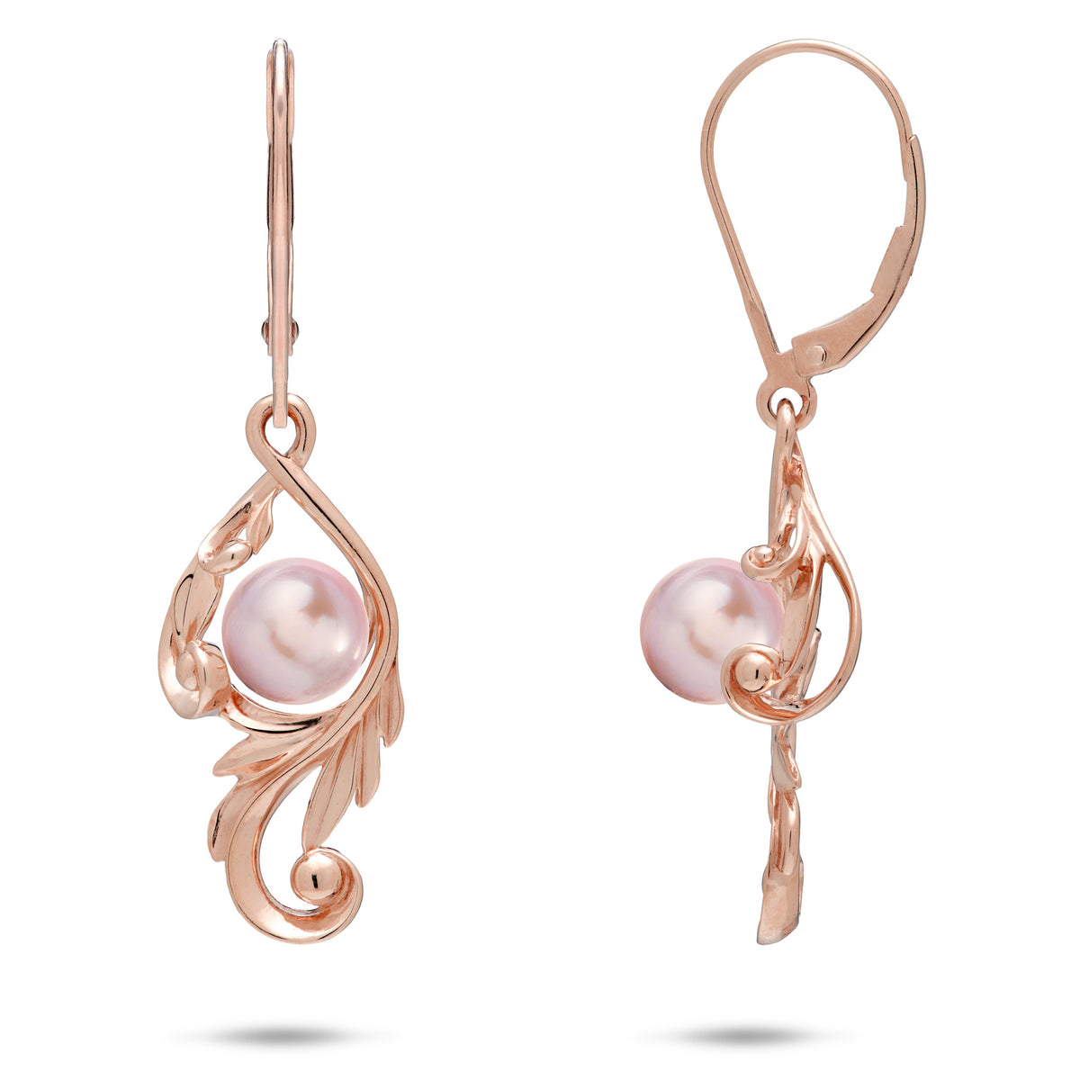 A pair of 14k rose gold Living Heirloom Collection Earrings with a lavender freshwater pearl and intricate maile leaf and fern scrollwork around it, shown with a front and side view on a white background
