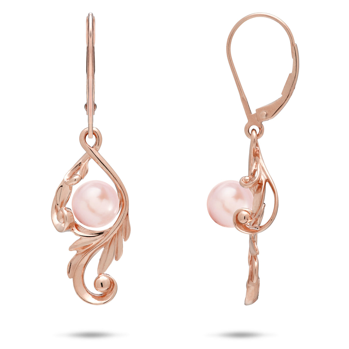A pair of 14k rose gold Living Heirloom Collection Earrings with a pink freshwater pearl and intricate maile leaf and fern scrollwork around it, shown with a front and side view on a white background