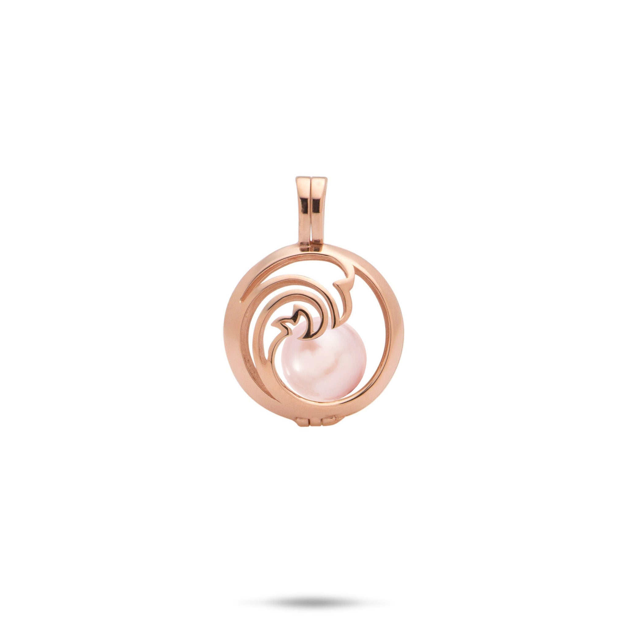 Pick A Pearl Nalu Cage Pendant in Rose Gold with a Pink Freshwater Pearl on a white background