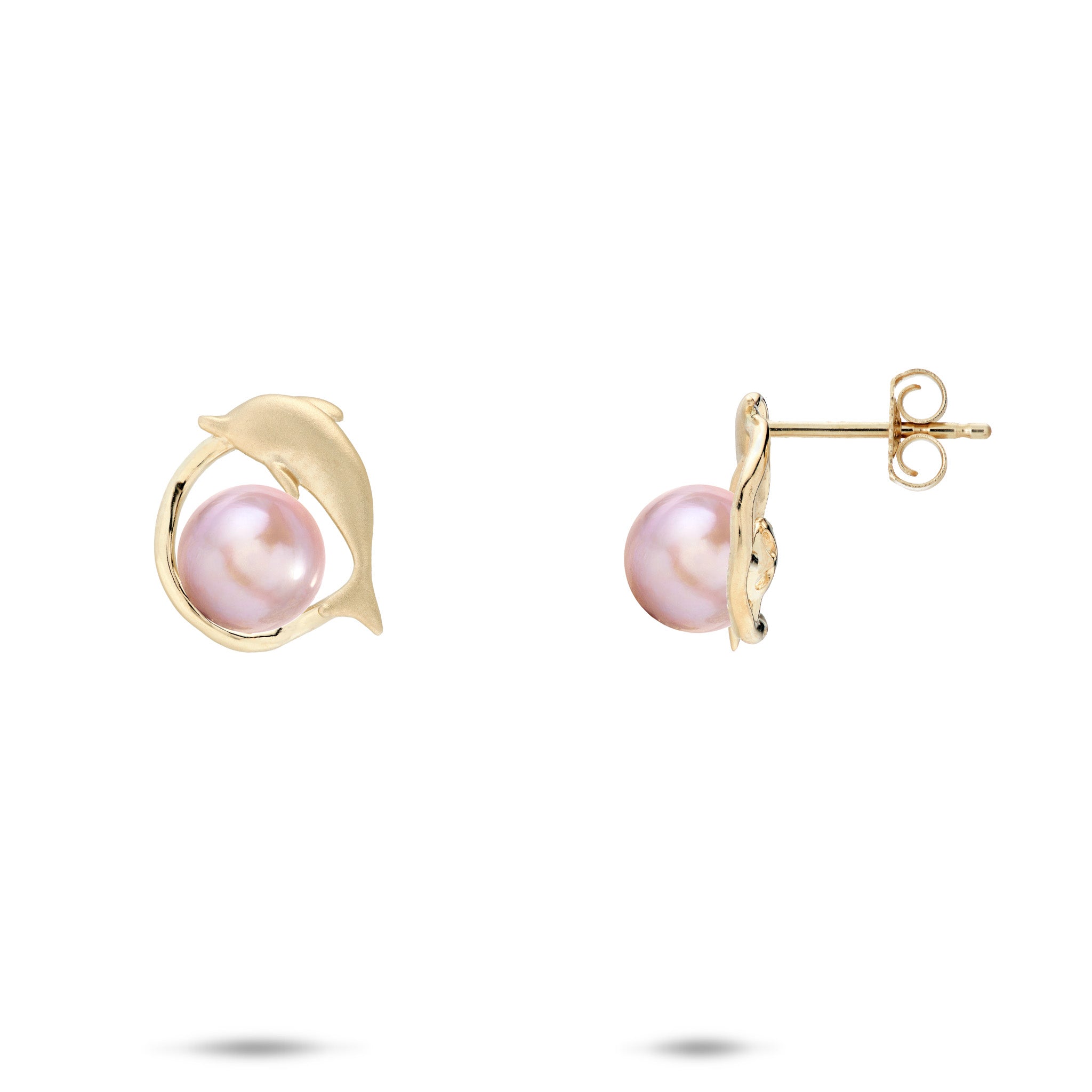 12mm Pick A Pearl Bubble Dolphin Earrings in 14k Yellow Gold with Lavender Pearls on a white background