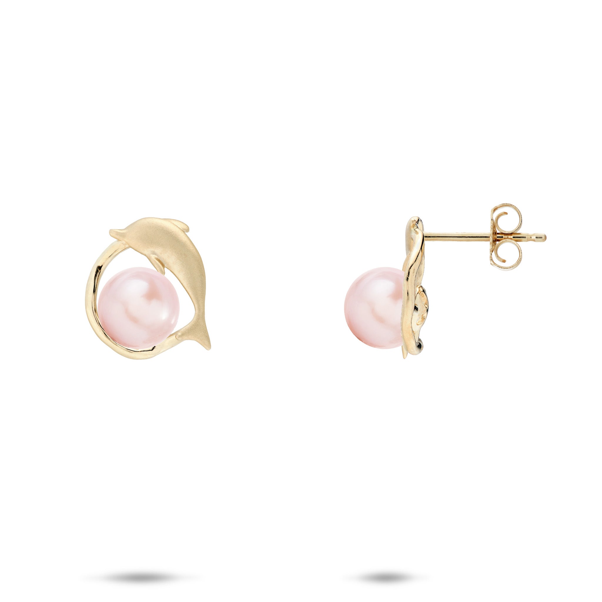 12mm Pick A Pearl Bubble Dolphin Earrings in 14k Yellow Gold with Pink Pearls on a white background