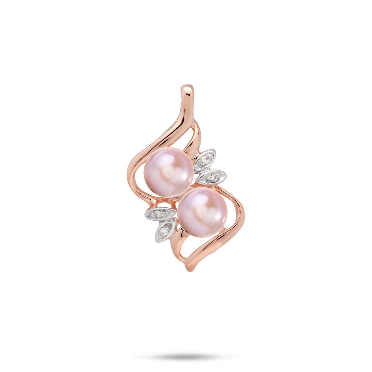 A 14k rose gold pendant featuring two lavender freshwater pearls and diamonds in maile leaf style settings, set against a plain white background