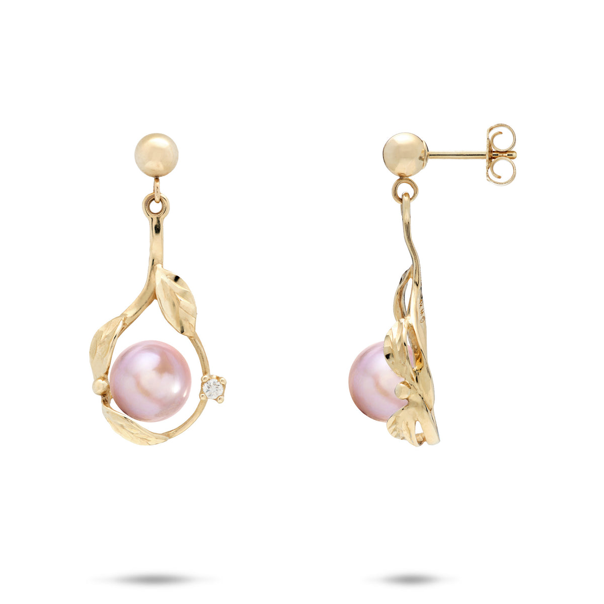 Diamond-cut Maile Leaf Teardrop Ball Post Earrings in 14k Yellow Gold with Diamond Accents and Lavender Freshwater Pearls on a white background