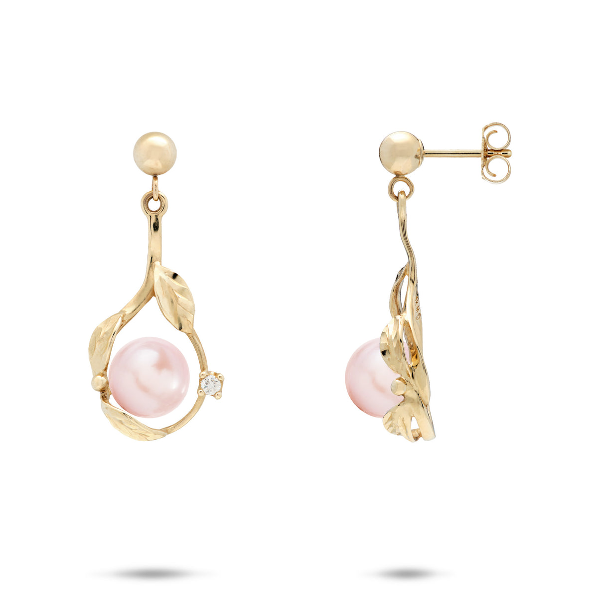 Diamond-cut Maile Leaf
Teardrop Ball Post Earrings in 14k Yellow Gold with Diamond Accents and Pink Freshwater Pearls on a white background
