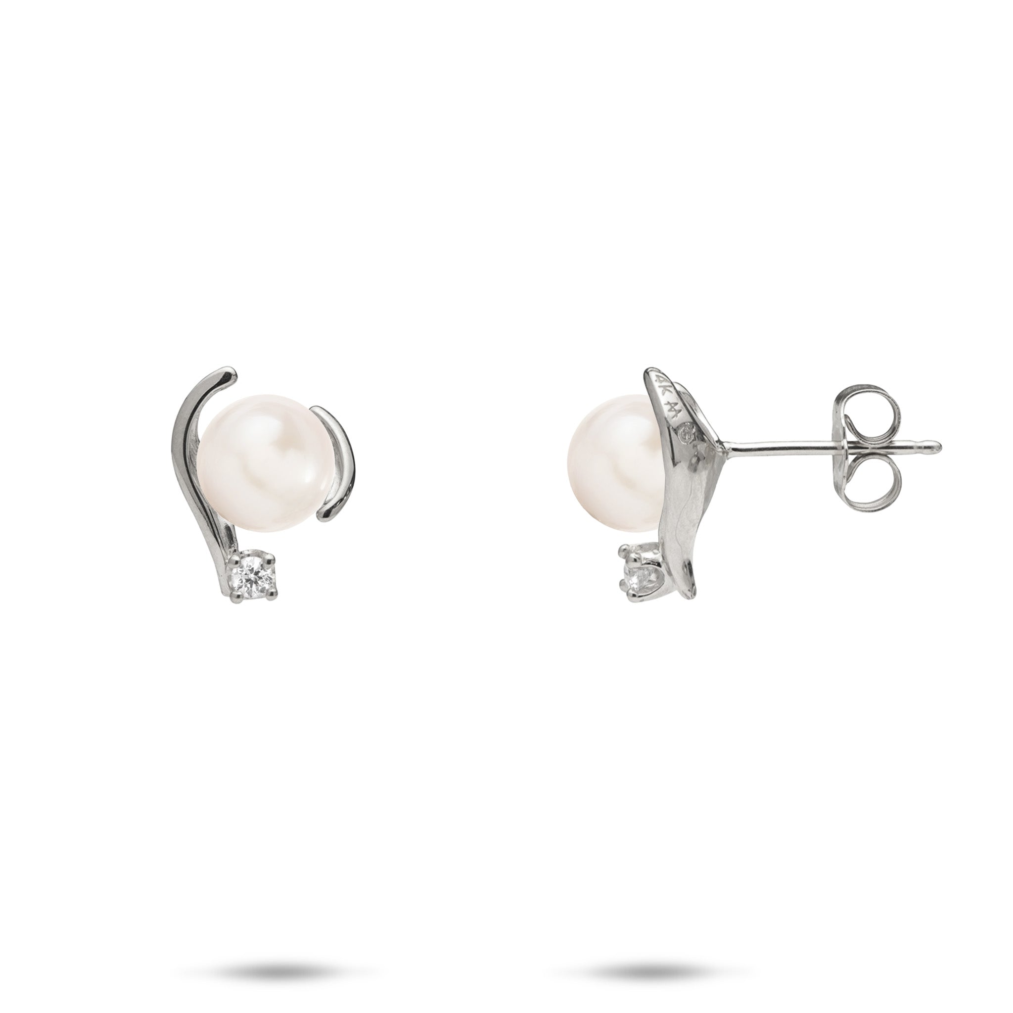 12mm Pick A Pearl Earrings in White Gold with Diamonds and White Pearls on a white background