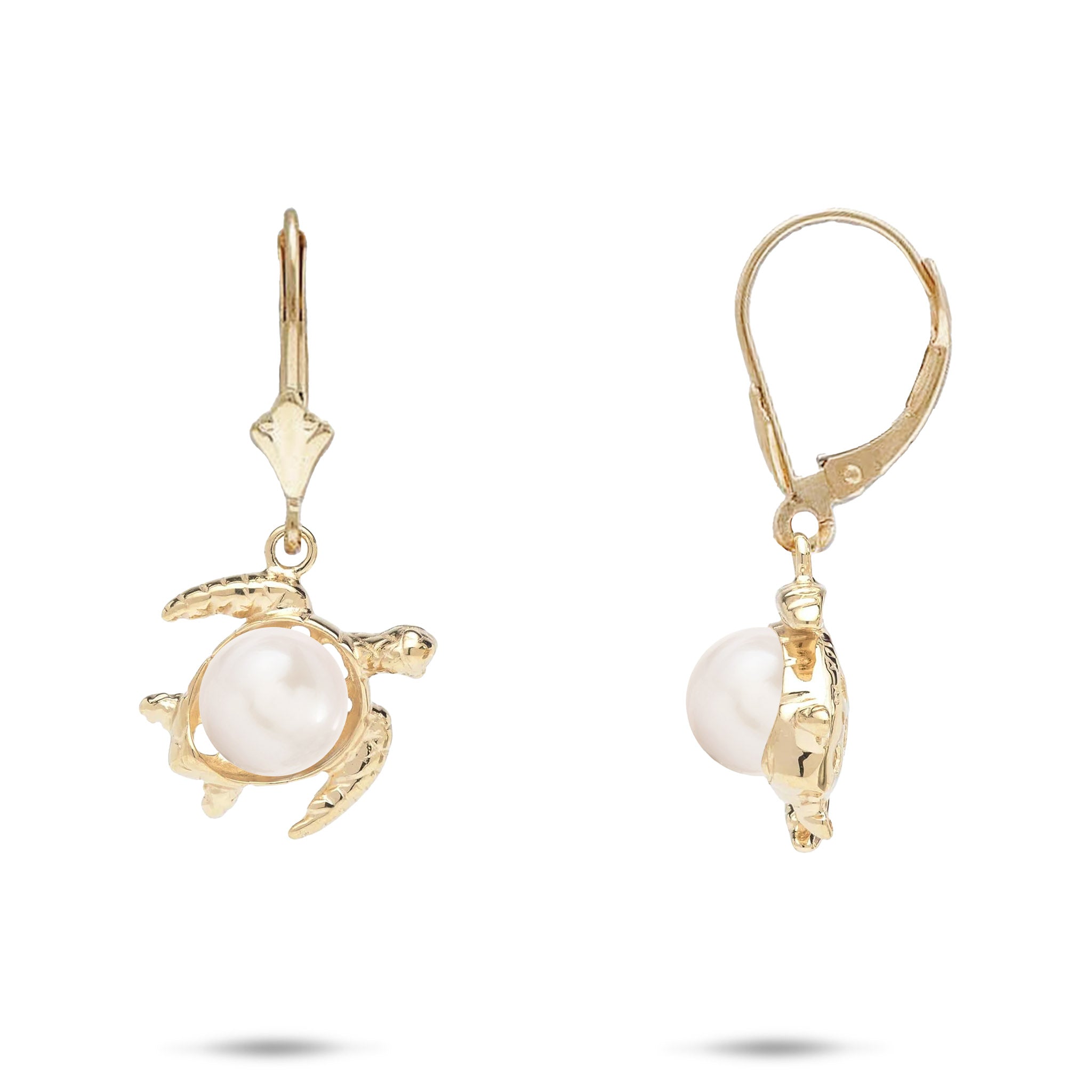 13mm Pick A Pearl Honu Earrings in Gold with White Pearls on a white background