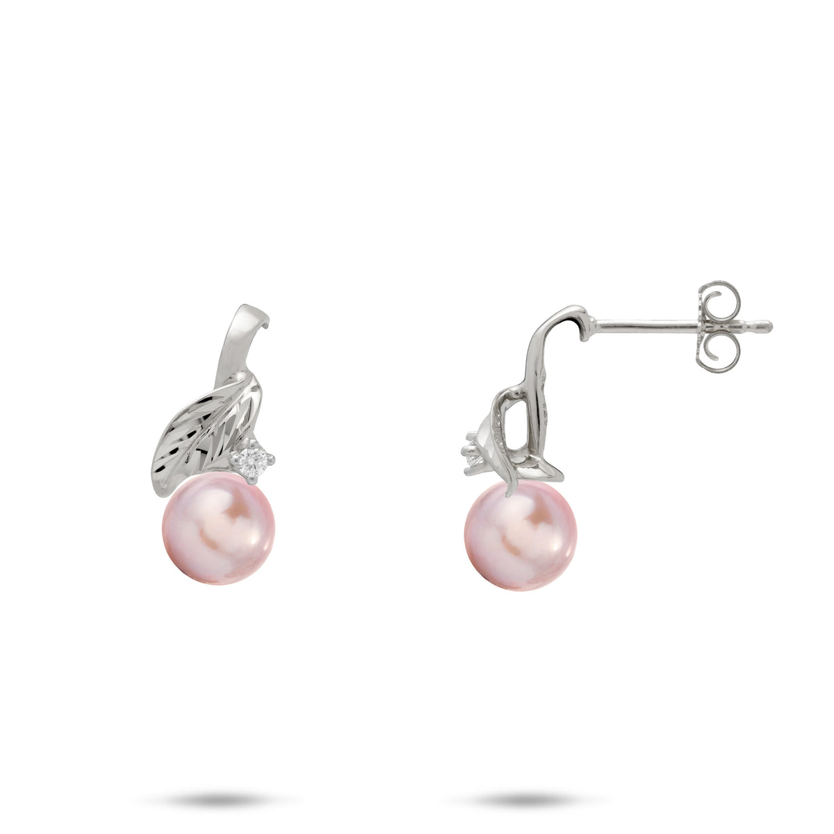 A pair of 14k white gold diamond-cut maile lef stud earrings with a single diamond accent and lavender freshwater pearl, shown with a front and side view against a white background