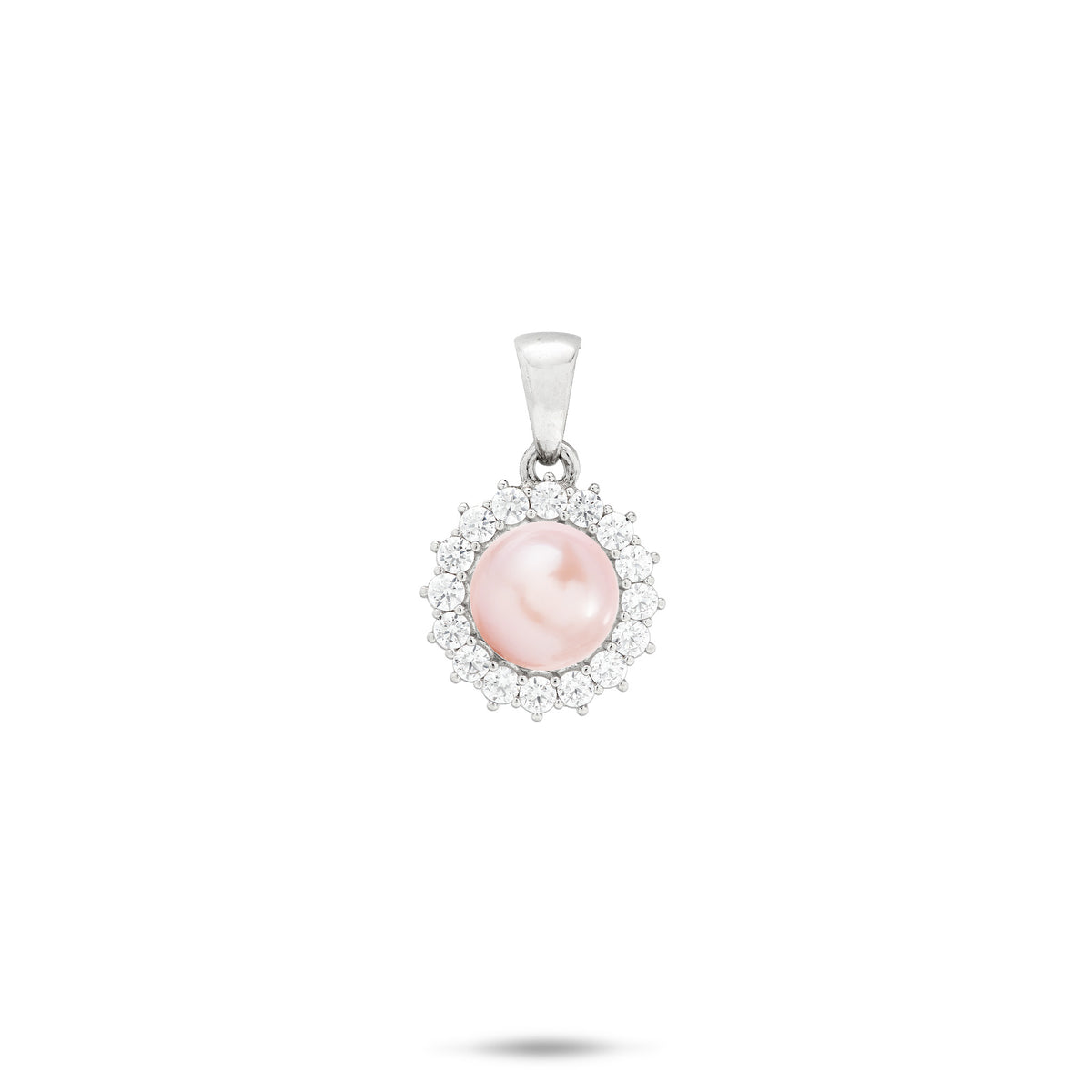 Cubic Zirconia Halo Lavender Freshwater Pearl Pendant in Sterling Silver with High-polish bail on a white background