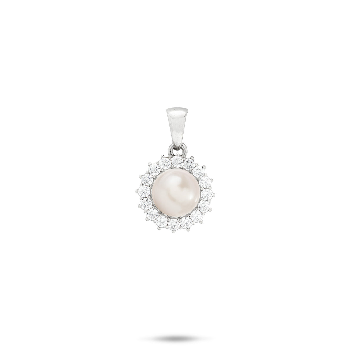 Cubic Zirconia Halo White Freshwater Pearl Pendant in Sterling Silver with High-polish bail on a white background