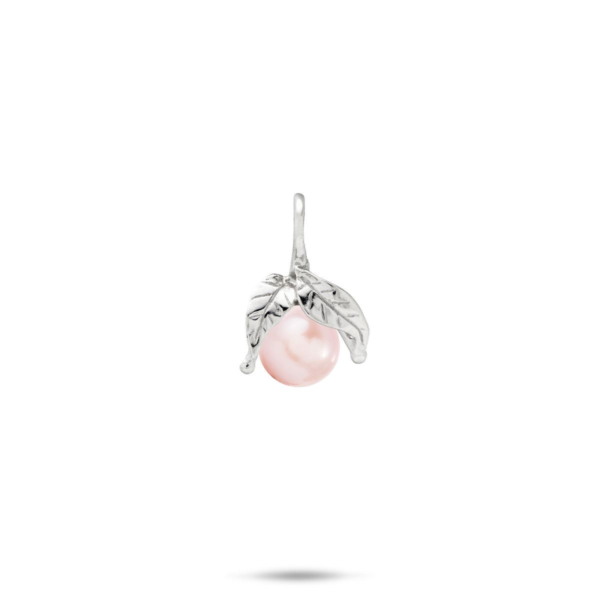 Sterling silver Pendant featuring a single round pink freshwater pearl nestled between two detailed silver maile leaves, shown against a plain white background.