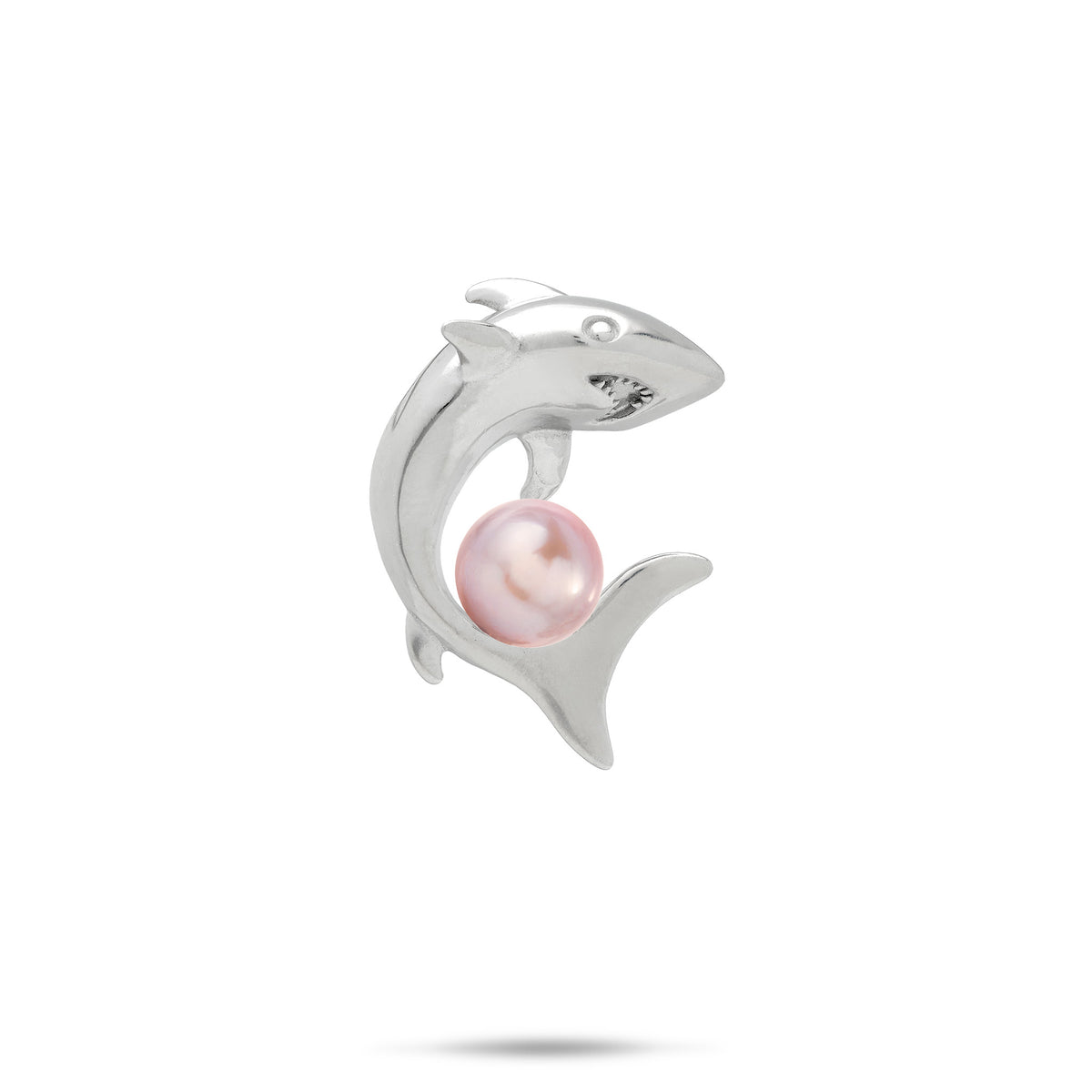 23mm Pick A Pearl Shark Pendant in Sterling Silver with a Lavender Freshwater Pearl, placed on a white background
