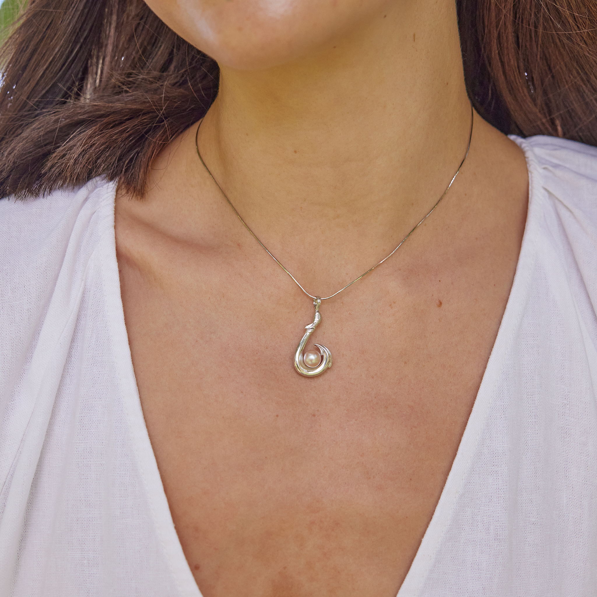 Pick A Pearl Fish Hook Pendant in Sterling Silver - 27mm