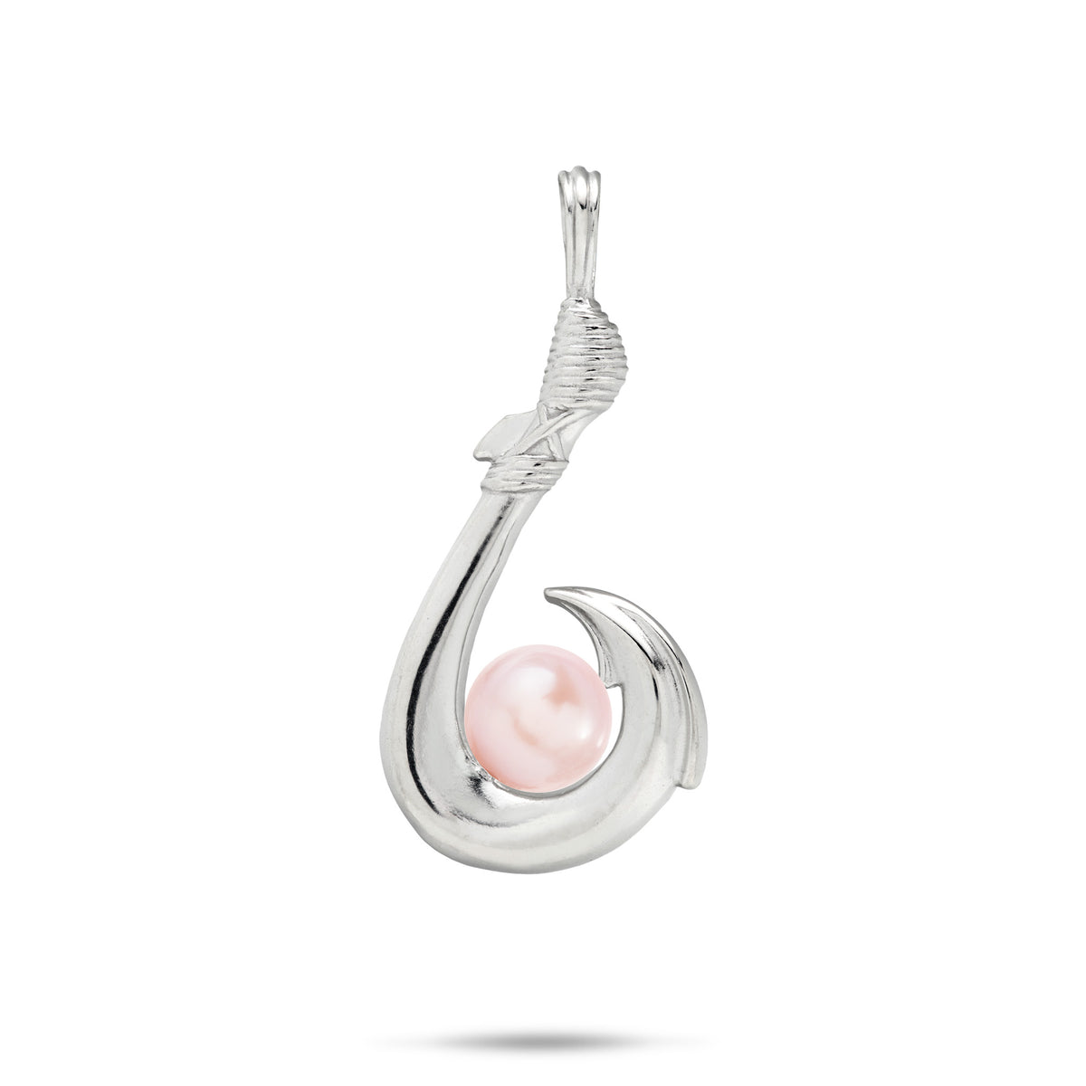 A silver fishhook pendant featuring a single pink freshwater pearl nestled in the bottom curve of the hook, set against a plain white background