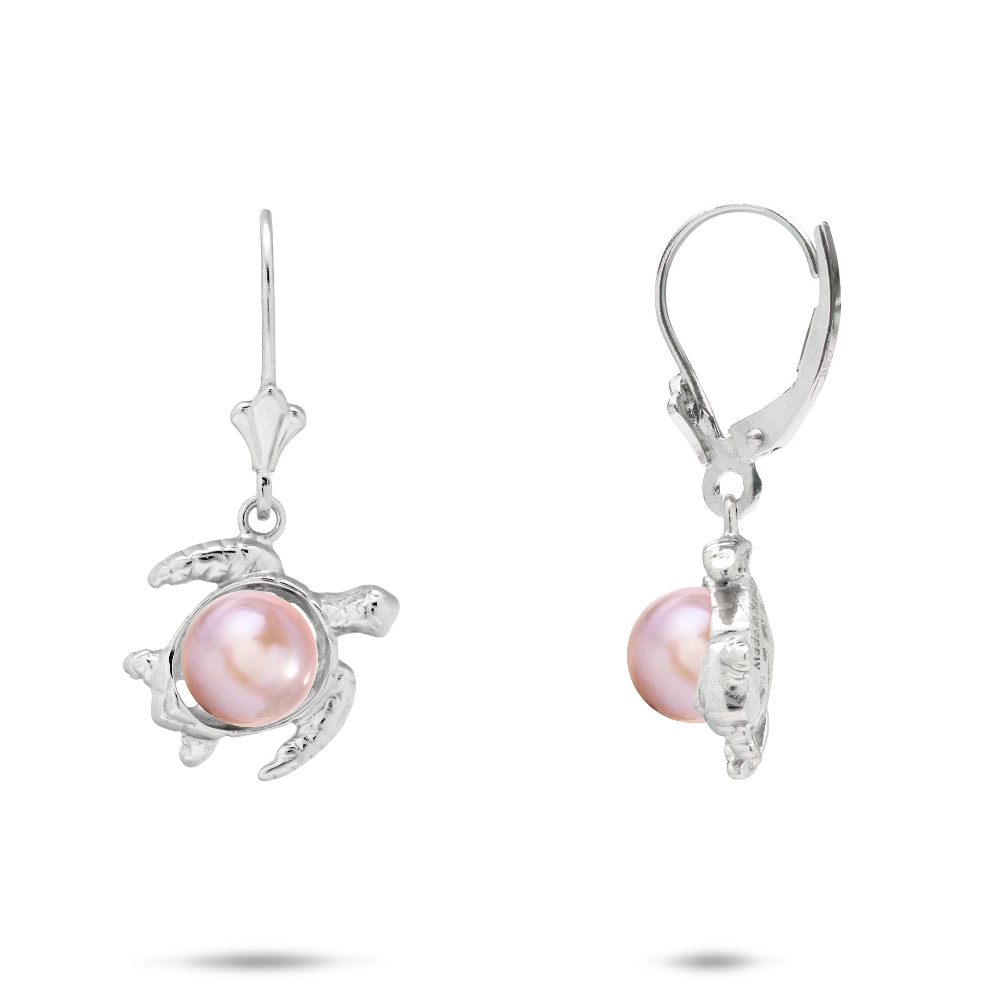 13mm Pick A Pearl Honu (Turtle) Earrings in Sterling Silver with Lavender Pearls on a white background