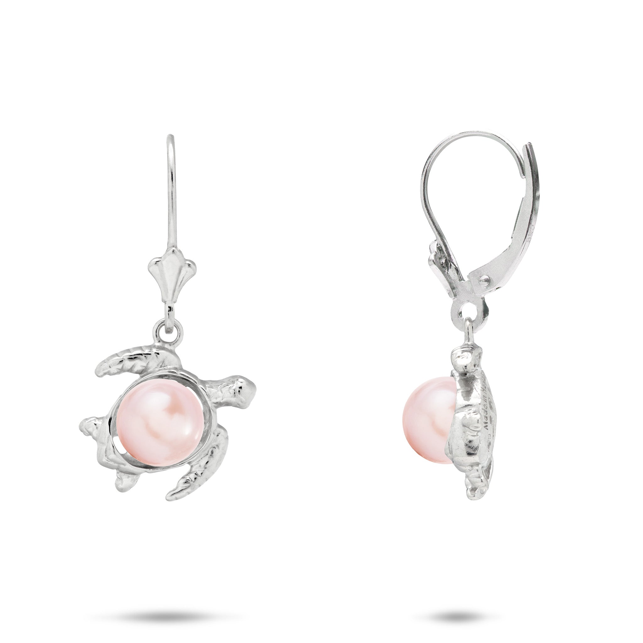 13mm Pick A Pearl Honu (Turtle) Earrings in Sterling Silver with Pink Pearls on a white background