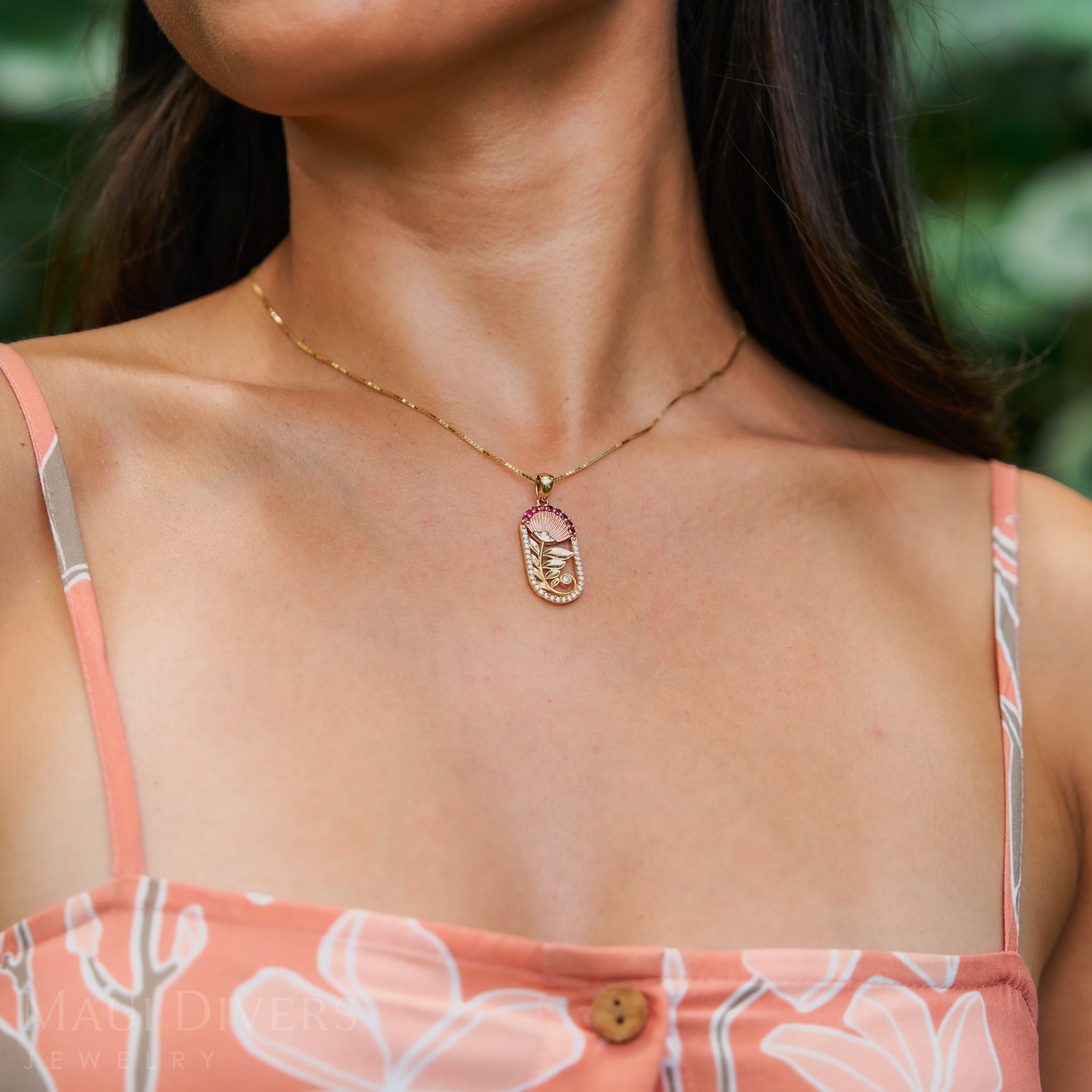 ʻŌhiʻa Lehua Ruby Pendant in Two Tone Gold with Diamonds - 27.5mm