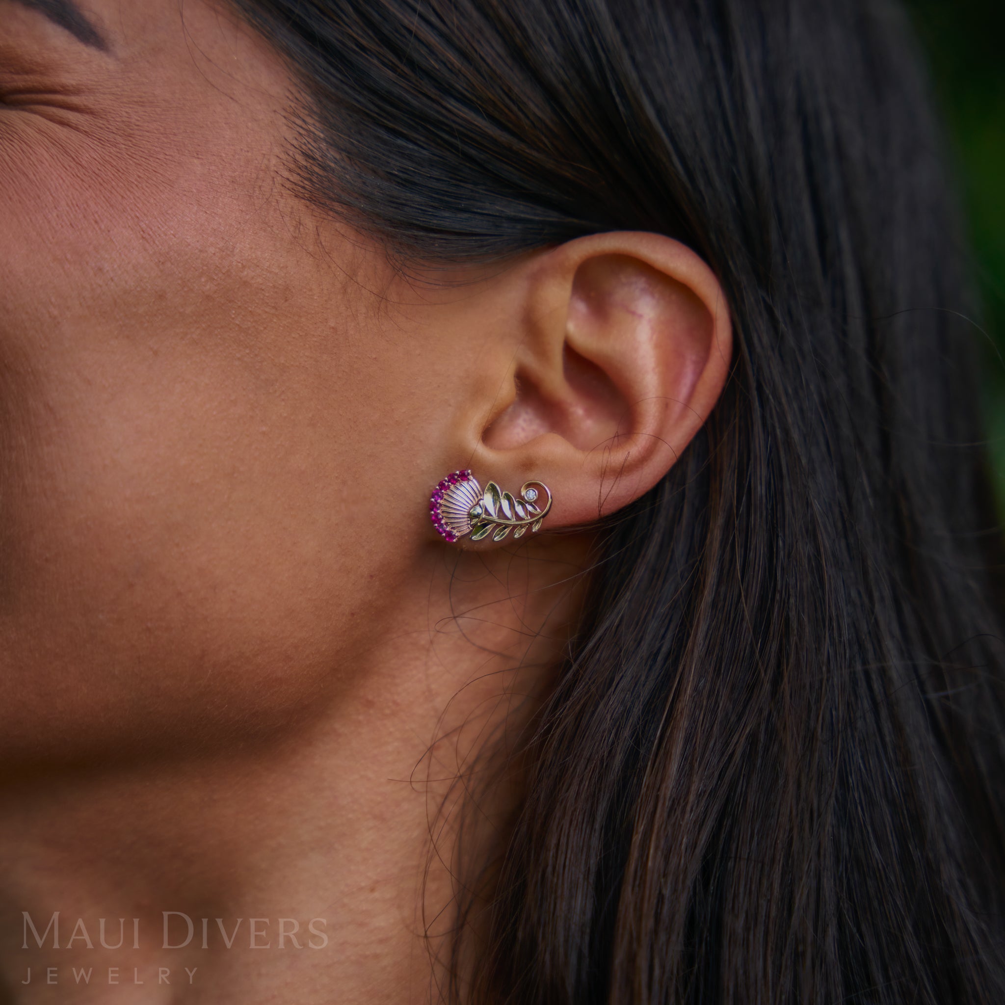 ʻŌhiʻa Lehua Ruby Earrings in Two Tone Gold with Diamonds - 19mm
